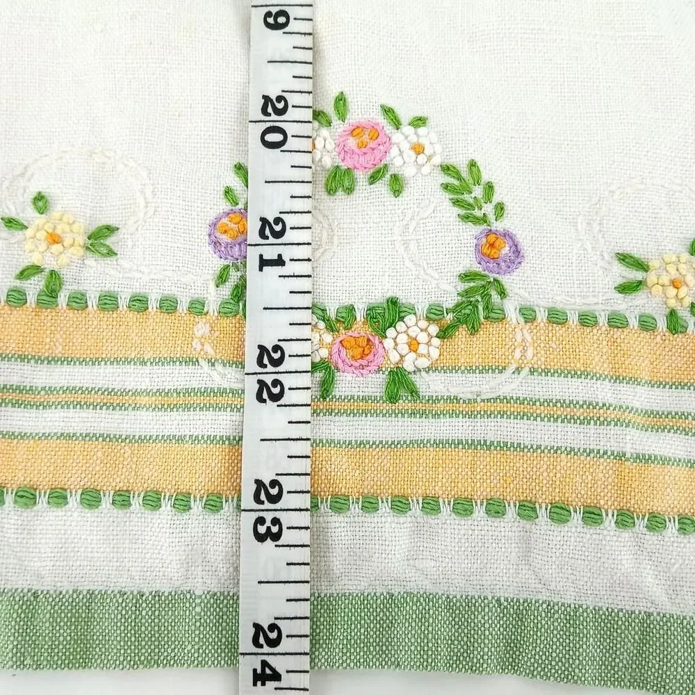 Vintage Hand Embroidered Linen Tea Towel 16x24 Floral Green Yellow Cottagecore